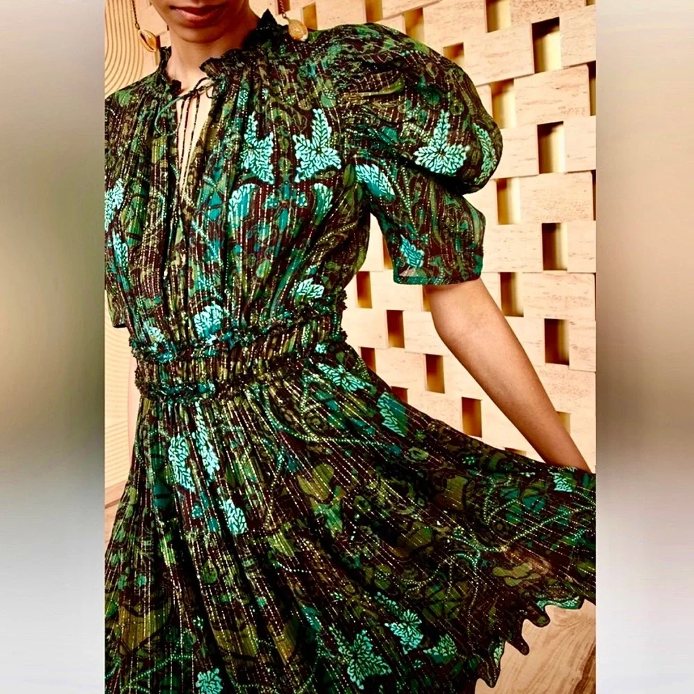 🌺🎉HP🎉🌺 NWT Ulla Johnson Ada Chiffon Mini Dress Rainforest - Picture 3 of 16